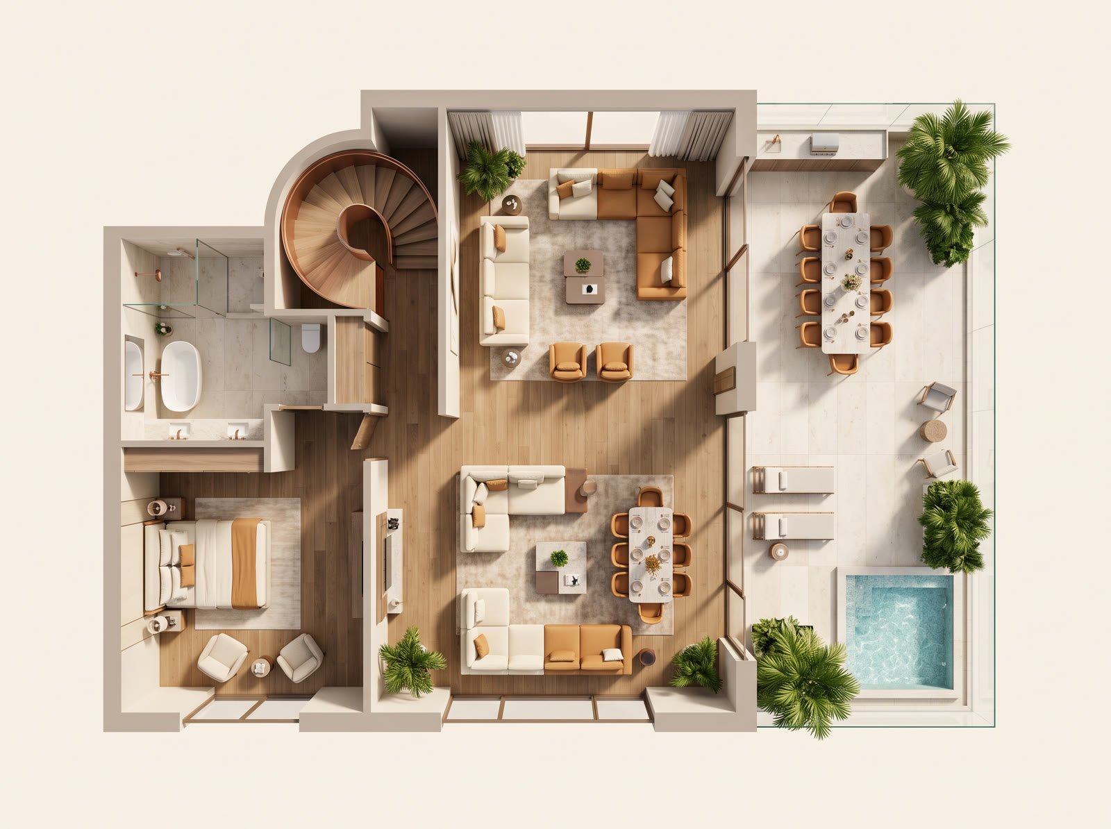 Floor plan of the Sky Villa: a duplex with a private terrace and plunge pool, double-height living room and five bedrooms